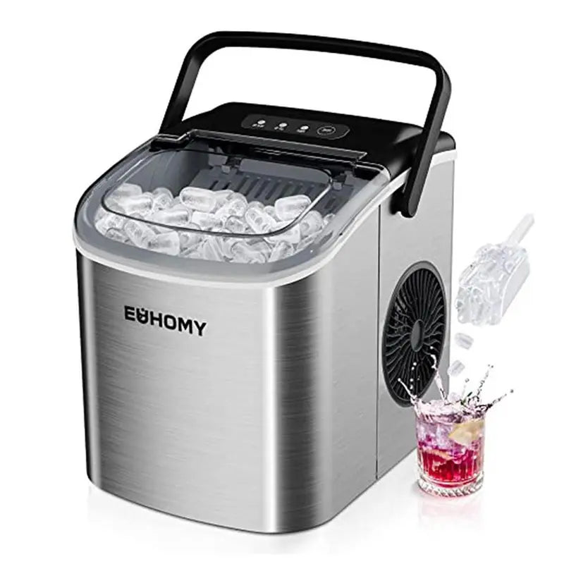 EUHOMY Ice Maker Countertop with Handle, 26Lbs in 24Hrs, 9 Ice Cubes Ready in 6 Mins, Auto-Cleaning Portable Ice Maker with Basket and Scoop, for Home/Kitchen/Camping/Rv. (2024 New Silver) Utensils