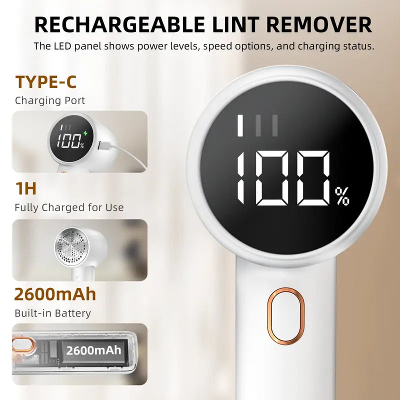 Fabric Shaver,Electric Lint Remover,Lint Roller,Rechargeable,Lint Collection Container,Led Digital Display,6-Leaf Blades,Safety Lock,3-Speeds,2600Mah,Last 1H,For Clothing,Clothes,Sweater,Sheets,Couch,Blanket,Home Use,Best Gift